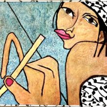Stylized artwork of a figure with bold features, holding a pencil against a blue textured background.